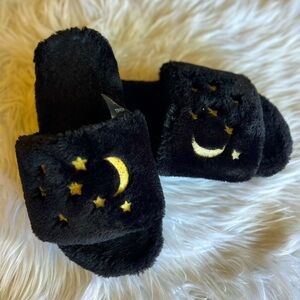 NEW Monki Black Faux Fur Slide Slippers, Plush House Shoes Slides, Size US 9-10